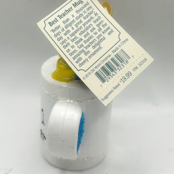 Old World Christmas Best Teacher Mug Hand Blown Glass Christmas Ornament w Tags - Picture 3 of 5
